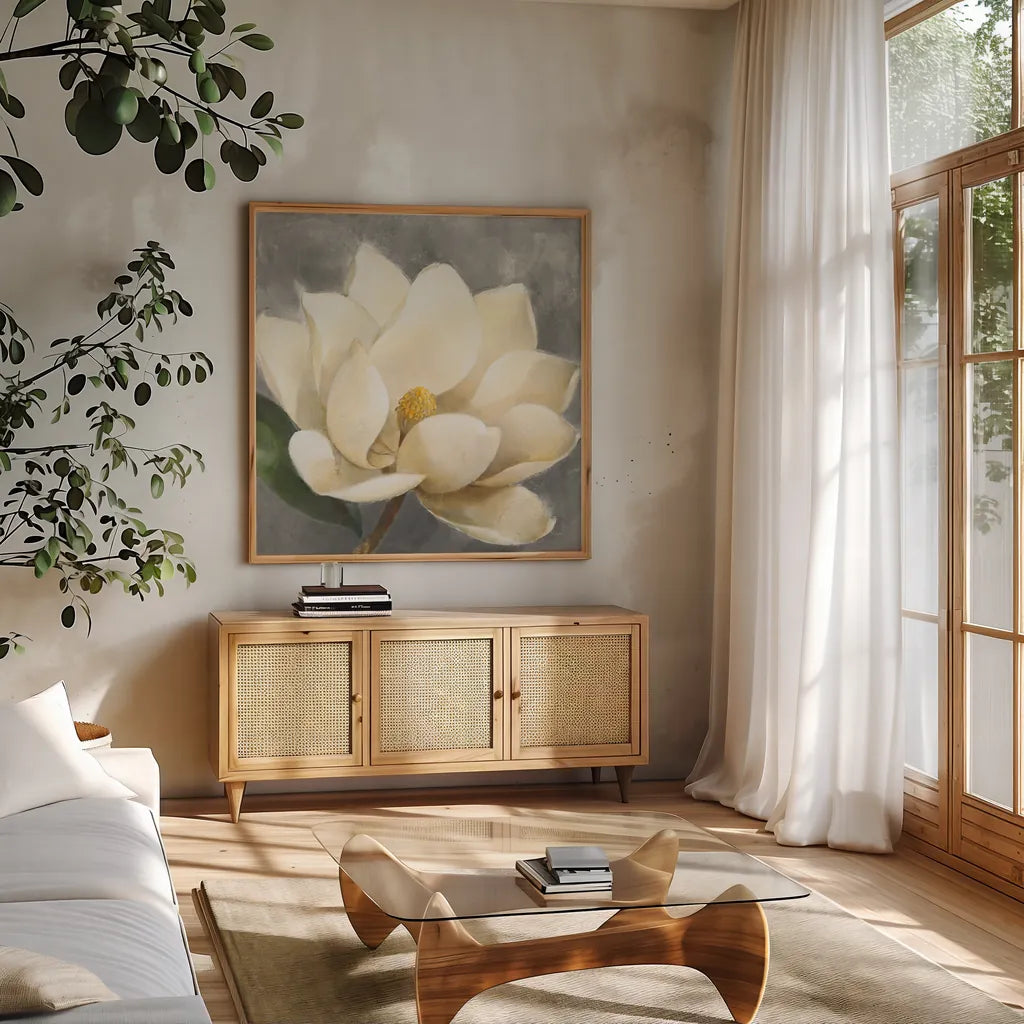 Magnolia Blossom on Gray by Albena Hristova. Shown in a natural wood frame in a cozy modern living room. Available as an archival giclee rolled canvas, fine art paper, or poster print. SKU 35734a.