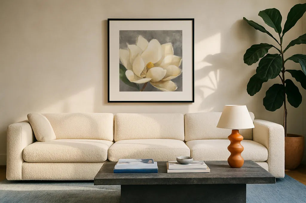 Magnolia Blossom on Gray by Albena Hristova. Displayed in a glass frame with matte in a clean modern living room. Available as an archival giclee rolled canvas, fine art paper, or poster print. SKU 35734a.