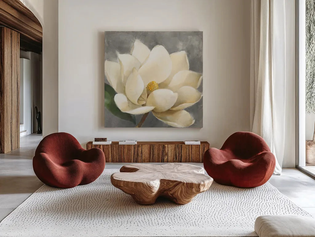 Magnolia Blossom on Gray by Albena Hristova. Shown as extra-large giant wall art in a modern living room. Available as an archival giclee rolled canvas, fine art paper, or poster print. SKU 35734a.