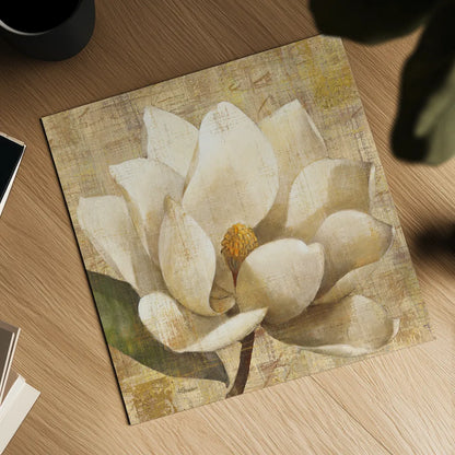 Magnolia Blossom on Script by Albena Hristova. Shown as a detailed flat fine art print, highlighting archival giclee quality. Available as an archival giclee rolled canvas, fine art paper, or poster print. SKU 22364a.