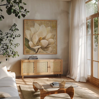 Magnolia Blossom on Script by Albena Hristova. Shown in a natural wood frame in a cozy modern living room. Available as an archival giclee rolled canvas, fine art paper, or poster print. SKU 22364a.