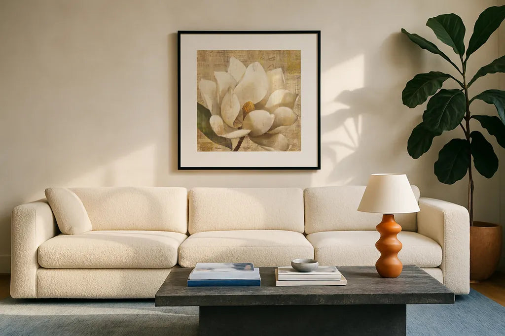 Magnolia Blossom on Script by Albena Hristova. Displayed in a glass frame with matte in a clean modern living room. Available as an archival giclee rolled canvas, fine art paper, or poster print. SKU 22364a.