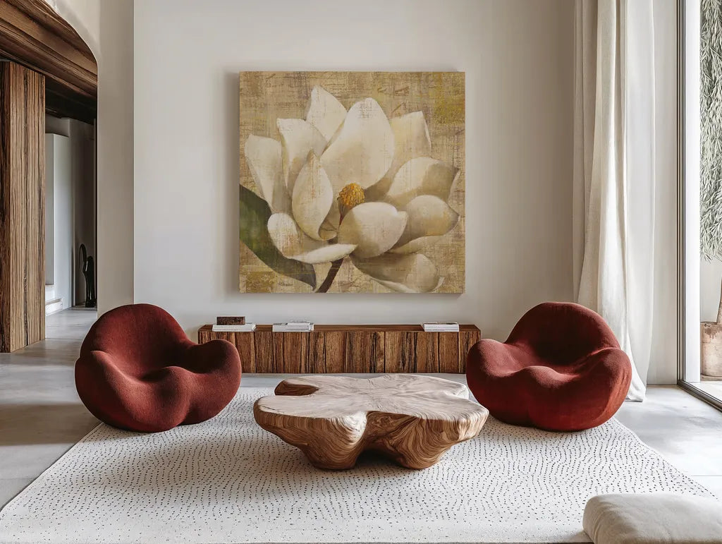 Magnolia Blossom on Script by Albena Hristova. Shown as extra-large giant wall art in a modern living room. Available as an archival giclee rolled canvas, fine art paper, or poster print. SKU 22364a.