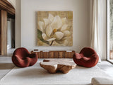Magnolia Blossom on Script by Albena Hristova. Shown as extra-large giant wall art in a modern living room. Available as an archival giclee rolled canvas, fine art paper, or poster print. SKU 22364a.