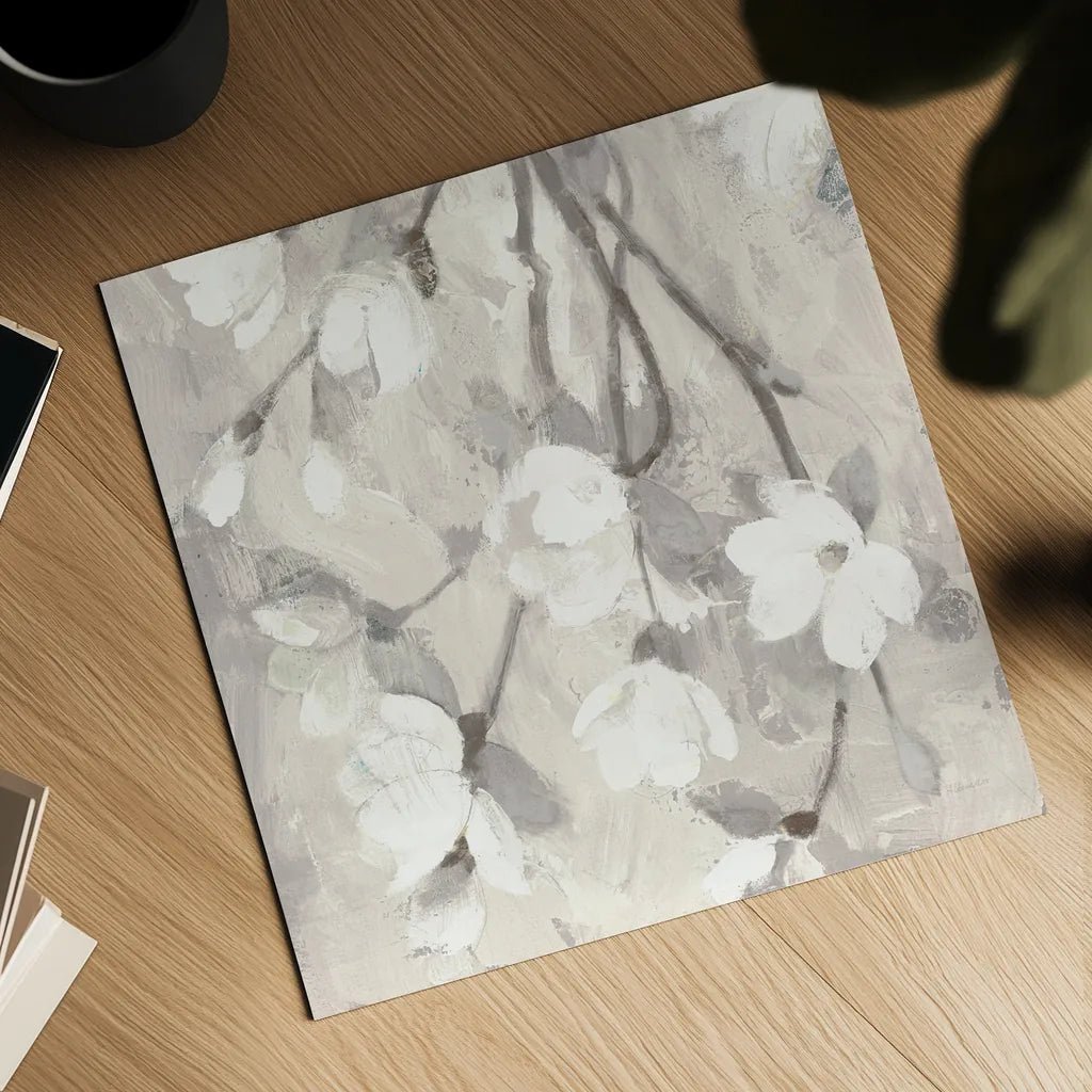 Magnolia Branch Flipped Cream Crop by Albena Hristova. Shown as a detailed flat fine art print, highlighting archival giclee quality. Available as an archival giclee rolled canvas, fine art paper, or poster print. SKU 54513a.