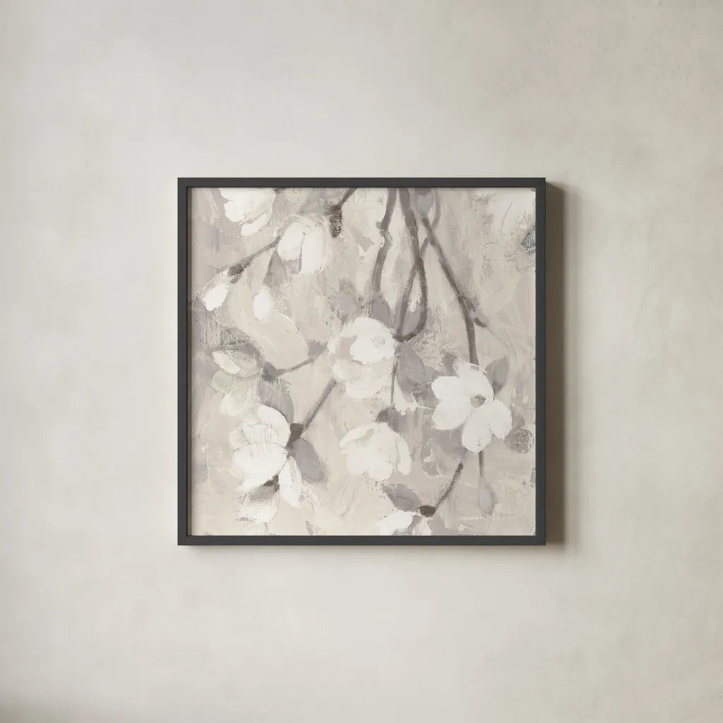 Magnolia Branch Flipped Cream Crop by Albena Hristova. Shown in a sleek black glass frame for a contemporary gallery look. Available as an archival giclee rolled canvas, fine art paper, or poster print. SKU 54513a.