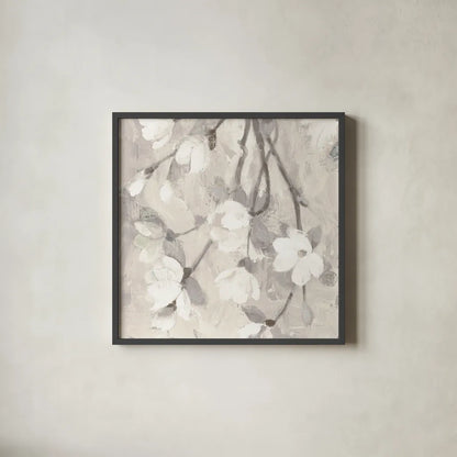 Magnolia Branch Flipped Cream Crop by Albena Hristova. Shown in a sleek black glass frame for a contemporary gallery look. Available as an archival giclee rolled canvas, fine art paper, or poster print. SKU 54513a.