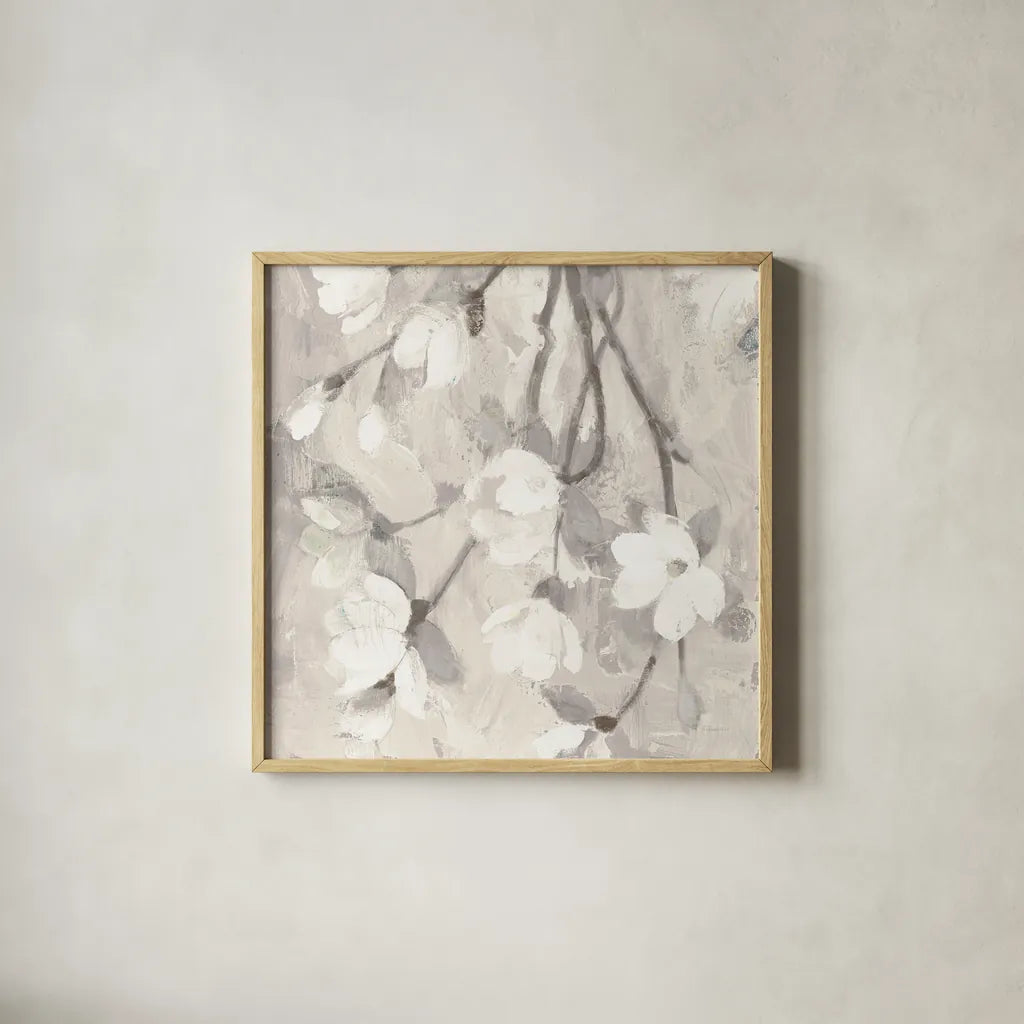 Magnolia Branch Flipped Cream Crop by Albena Hristova. Shown in a natural wood glass frame for a timeless modern aesthetic. Available as an archival giclee rolled canvas, fine art paper, or poster print. SKU 54513a.