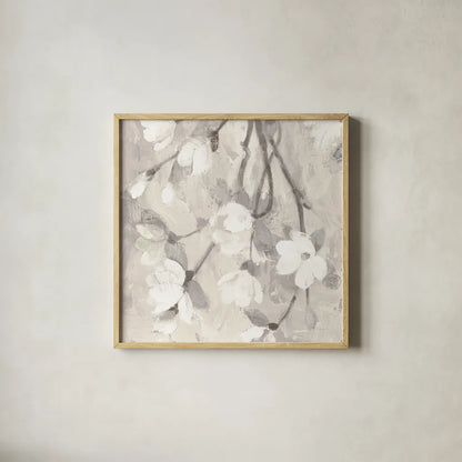 Magnolia Branch Flipped Cream Crop by Albena Hristova. Shown in a natural wood glass frame for a timeless modern aesthetic. Available as an archival giclee rolled canvas, fine art paper, or poster print. SKU 54513a.