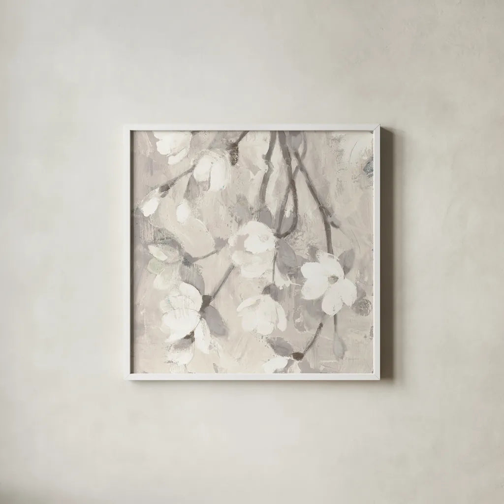 Magnolia Branch Flipped Cream Crop by Albena Hristova. Shown in a crisp white glass frame for a clean and minimalist style. Available as an archival giclee rolled canvas, fine art paper, or poster print. SKU 54513a.