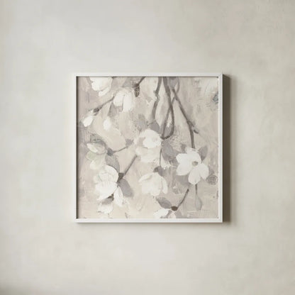 Magnolia Branch Flipped Cream Crop by Albena Hristova. Shown in a crisp white glass frame for a clean and minimalist style. Available as an archival giclee rolled canvas, fine art paper, or poster print. SKU 54513a.