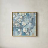 Magnolias in Spring I by Albena Hristova. Shown in a natural wood glass frame for a timeless modern aesthetic. Available as an archival giclee rolled canvas, fine art paper, or poster print. SKU 55499a.