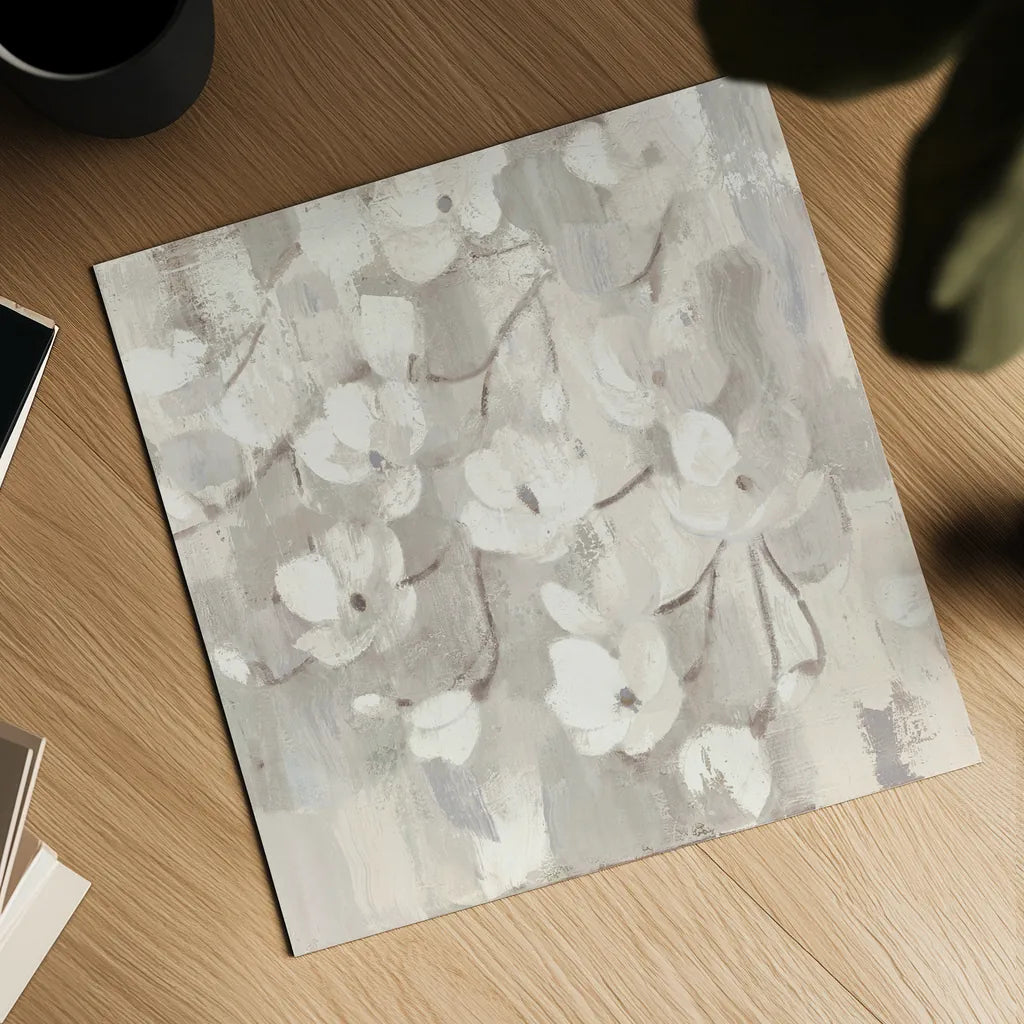 Magnolias in Spring I Neutral by Albena Hristova. Shown as a detailed flat fine art print, highlighting archival giclee quality. Available as an archival giclee rolled canvas, fine art paper, or poster print. SKU 44774a.