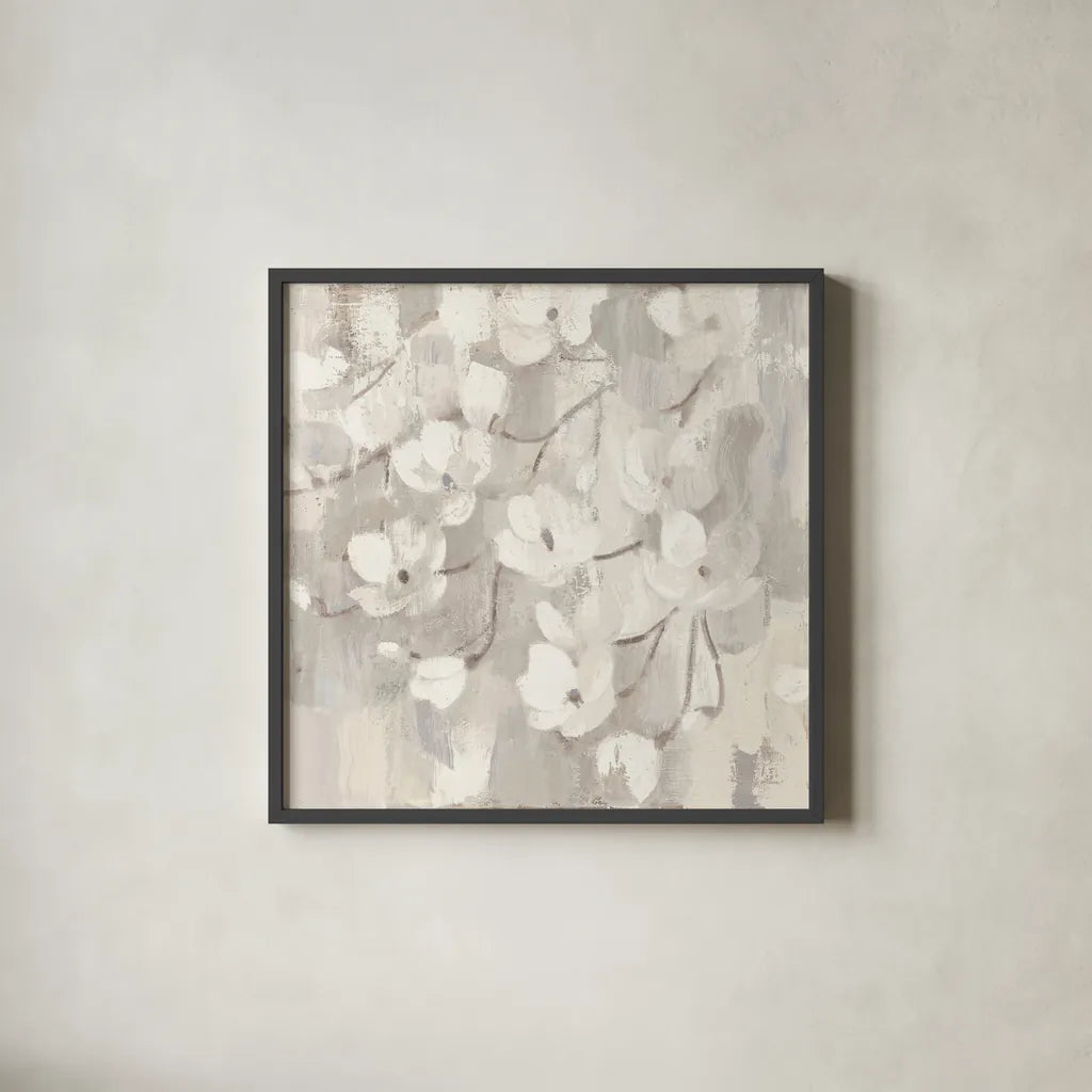 Magnolias in Spring I Neutral by Albena Hristova. Shown in a sleek black glass frame for a contemporary gallery look. Available as an archival giclee rolled canvas, fine art paper, or poster print. SKU 44774a.