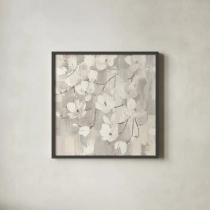 Magnolias in Spring I Neutral by Albena Hristova. Shown in a sleek black glass frame for a contemporary gallery look. Available as an archival giclee rolled canvas, fine art paper, or poster print. SKU 44774a.