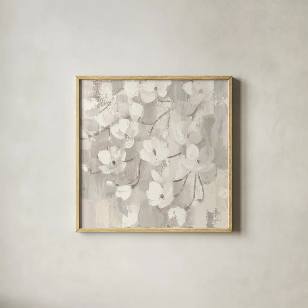 Magnolias in Spring I Neutral by Albena Hristova. Shown in a natural wood glass frame for a timeless modern aesthetic. Available as an archival giclee rolled canvas, fine art paper, or poster print. SKU 44774a.