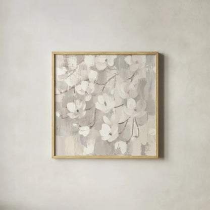 Magnolias in Spring I Neutral by Albena Hristova. Shown in a natural wood glass frame for a timeless modern aesthetic. Available as an archival giclee rolled canvas, fine art paper, or poster print. SKU 44774a.