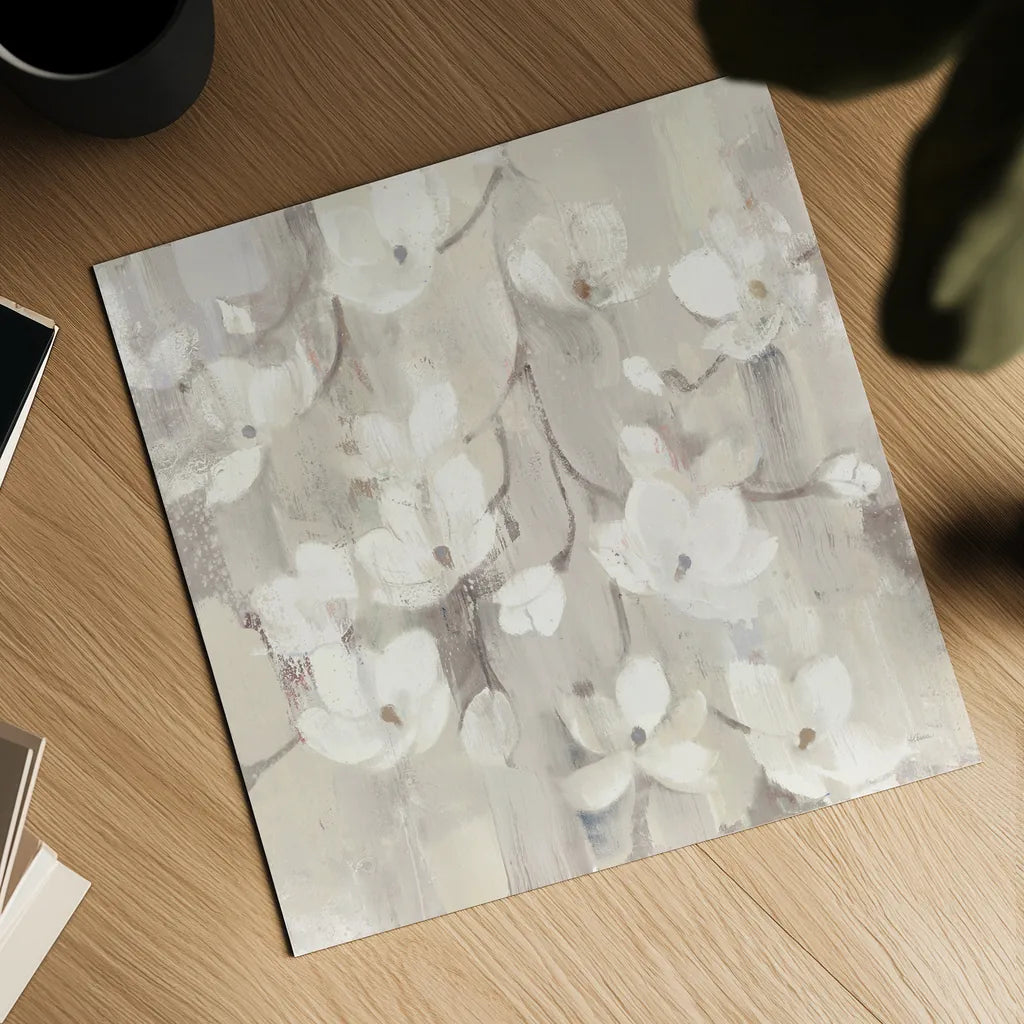 Magnolias in Spring II Neutral by Albena Hristova. Shown as a detailed flat fine art print, highlighting archival giclee quality. Available as an archival giclee rolled canvas, fine art paper, or poster print. SKU 44775a.