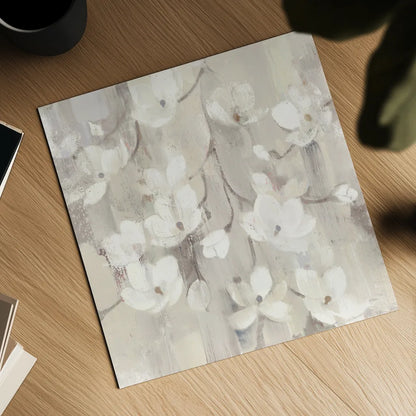 Magnolias in Spring II Neutral by Albena Hristova. Shown as a detailed flat fine art print, highlighting archival giclee quality. Available as an archival giclee rolled canvas, fine art paper, or poster print. SKU 44775a.