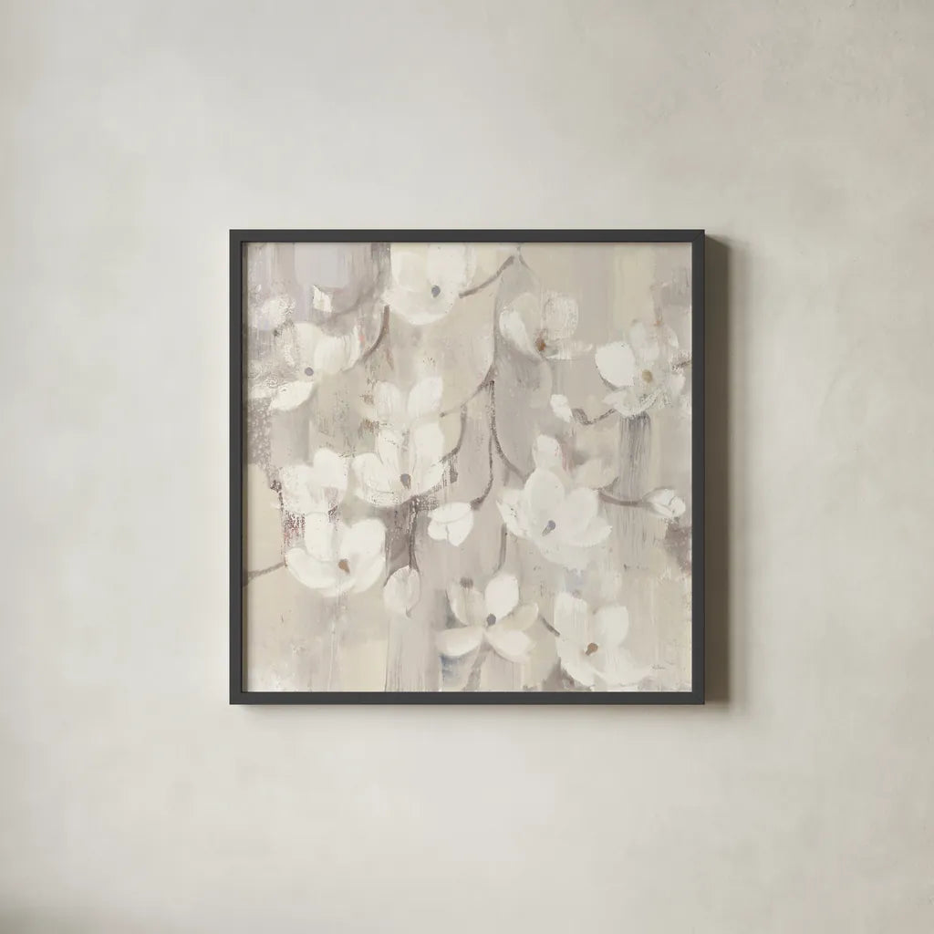 Magnolias in Spring II Neutral by Albena Hristova. Shown in a sleek black glass frame for a contemporary gallery look. Available as an archival giclee rolled canvas, fine art paper, or poster print. SKU 44775a.