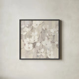 Magnolias in Spring II Neutral by Albena Hristova. Shown in a sleek black glass frame for a contemporary gallery look. Available as an archival giclee rolled canvas, fine art paper, or poster print. SKU 44775a.