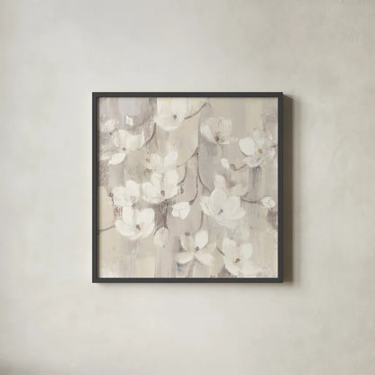Magnolias in Spring II Neutral by Albena Hristova. Shown in a sleek black glass frame for a contemporary gallery look. Available as an archival giclee rolled canvas, fine art paper, or poster print. SKU 44775a.