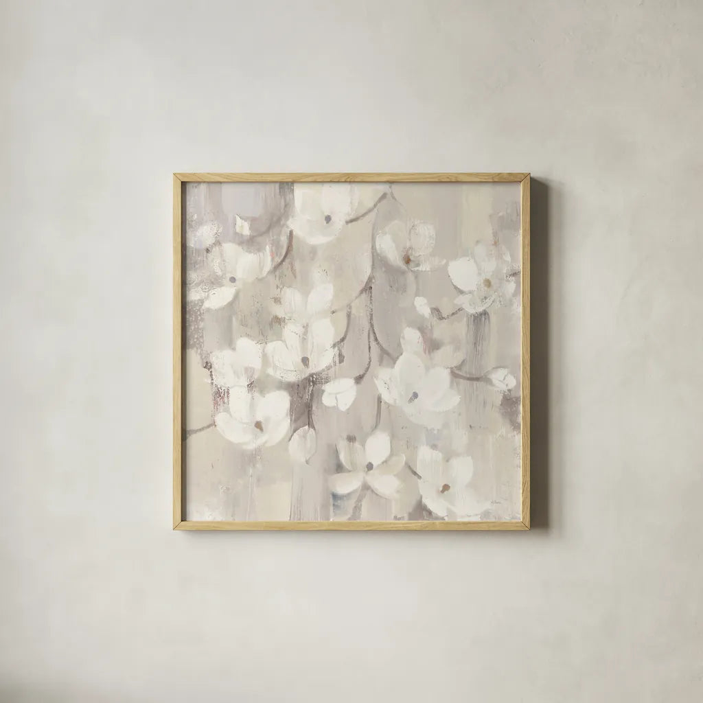 Magnolias in Spring II Neutral by Albena Hristova. Shown in a natural wood glass frame for a timeless modern aesthetic. Available as an archival giclee rolled canvas, fine art paper, or poster print. SKU 44775a.