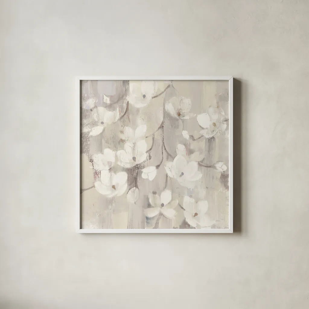 Magnolias in Spring II Neutral by Albena Hristova. Shown in a crisp white glass frame for a clean and minimalist style. Available as an archival giclee rolled canvas, fine art paper, or poster print. SKU 44775a.