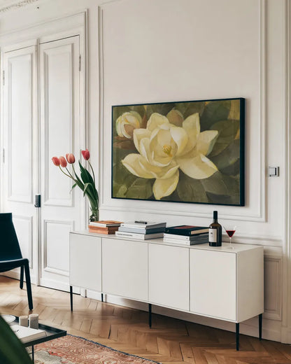 Majestic Magnolia by Albena Hristova. shown as a framed stretched canvas in a living room above a console. Available as a archival giclee rolled canvas, fine art paper, or poster print. SKU 6328i.