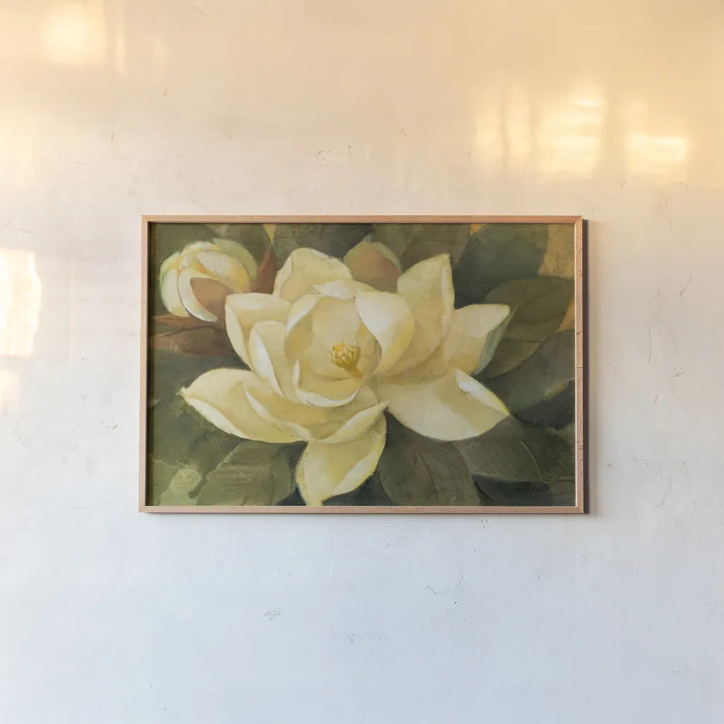 Majestic Magnolia by Albena Hristova. shown as a paper print in a natural frame. Available as a archival giclee rolled canvas, fine art paper, or poster print. SKU 6328i.