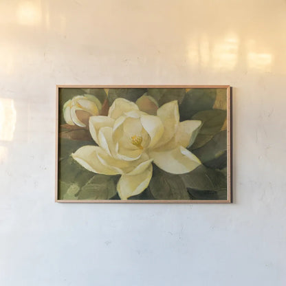 Majestic Magnolia by Albena Hristova. shown as a paper print in a natural frame. Available as a archival giclee rolled canvas, fine art paper, or poster print. SKU 6328i.