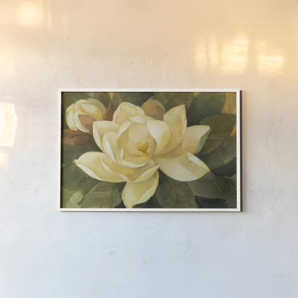 Majestic Magnolia by Albena Hristova. shown as a paper print in a white frame. Available as a archival giclee rolled canvas, fine art paper, or poster print. SKU 6328i.