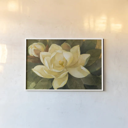 Majestic Magnolia by Albena Hristova. shown as a paper print in a white frame. Available as a archival giclee rolled canvas, fine art paper, or poster print. SKU 6328i.
