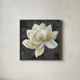 Majestic Magnolia Neutral Sq by Albena Hristova. Shown in a sleek black glass frame for a contemporary gallery look. Available as an archival giclee rolled canvas, fine art paper, or poster print. SKU 23185a.