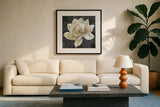 Majestic Magnolia Neutral Sq by Albena Hristova. Displayed in a glass frame with matte in a clean modern living room. Available as an archival giclee rolled canvas, fine art paper, or poster print. SKU 23185a.