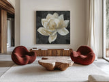 Majestic Magnolia Neutral Sq by Albena Hristova. Shown as extra-large giant wall art in a modern living room. Available as an archival giclee rolled canvas, fine art paper, or poster print. SKU 23185a.