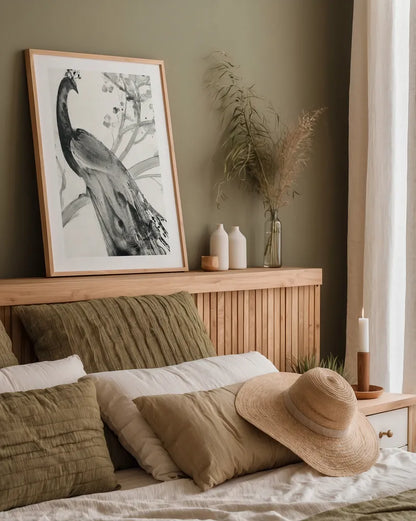 Majestic Peacock Crop by Albena Hristova. shown as a paper print in a natural frame. Available as a archival giclee rolled canvas, fine art paper, or poster print. SKU 45726h.