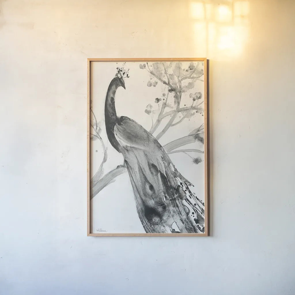 Majestic Peacock Crop by Albena Hristova. shown as a paper print in a natural frame. Available as a archival giclee rolled canvas, fine art paper, or poster print. SKU 45726h.