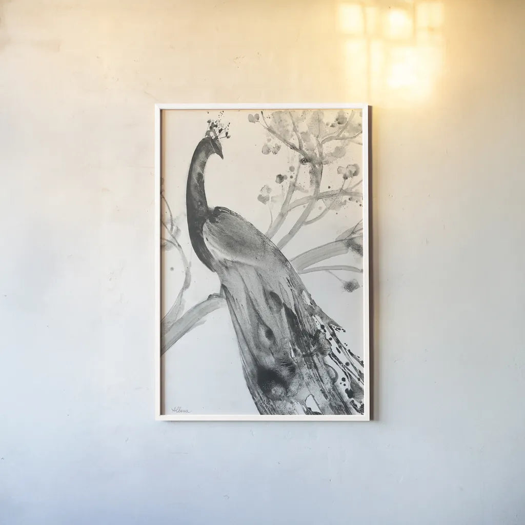 Majestic Peacock Crop by Albena Hristova. shown as a paper print in a white frame. Available as a archival giclee rolled canvas, fine art paper, or poster print. SKU 45726h.