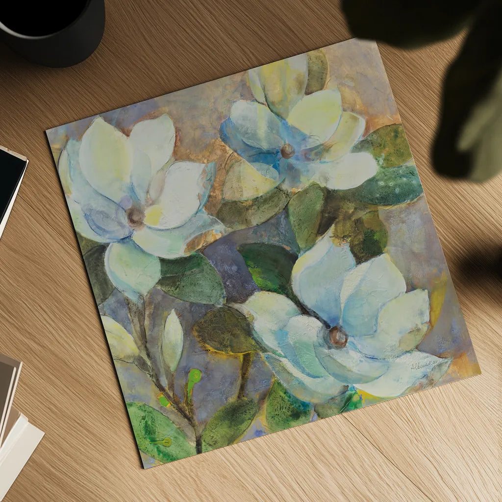 May Magnolias by Albena Hristova. Shown as a detailed flat fine art print, highlighting archival giclee quality. Available as an archival giclee rolled canvas, fine art paper, or poster print. SKU 91597a.