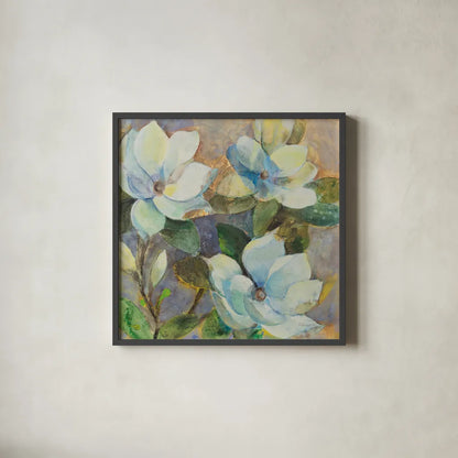 May Magnolias by Albena Hristova. Shown in a sleek black glass frame for a contemporary gallery look. Available as an archival giclee rolled canvas, fine art paper, or poster print. SKU 91597a.