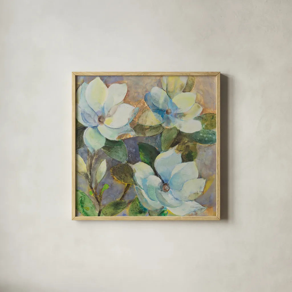 May Magnolias by Albena Hristova. Shown in a natural wood glass frame for a timeless modern aesthetic. Available as an archival giclee rolled canvas, fine art paper, or poster print. SKU 91597a.