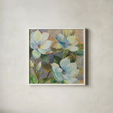 May Magnolias by Albena Hristova. Shown in a crisp white glass frame for a clean and minimalist style. Available as an archival giclee rolled canvas, fine art paper, or poster print. SKU 91597a.