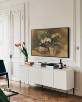Meditative Orchids by Albena Hristova. shown as a framed stretched canvas in a living room above a console. Available as a archival giclee rolled canvas, fine art paper, or poster print. SKU 4381i.