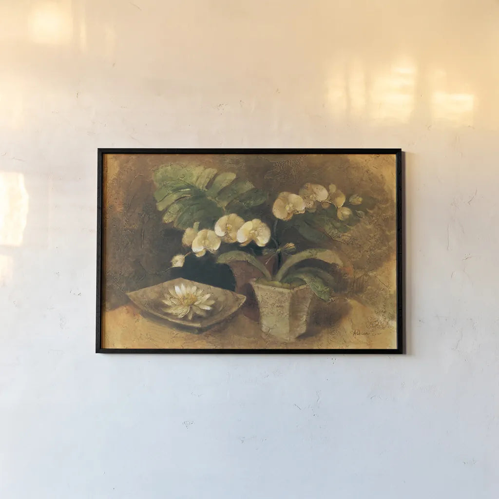 Meditative Orchids by Albena Hristova. shown as a paper print in a black flame. Available as a archival giclee rolled canvas, fine art paper, or poster print. SKU 4381i.