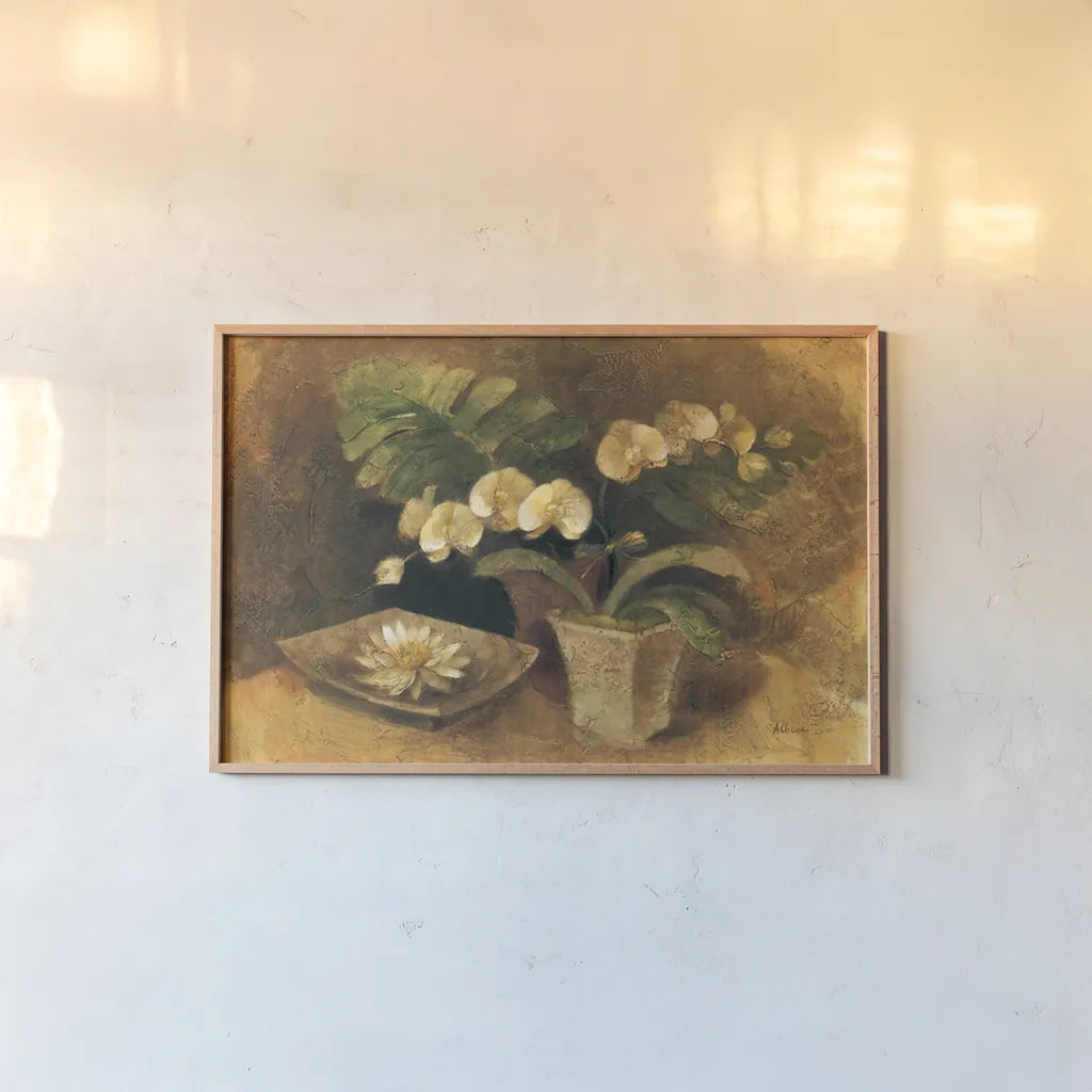 Meditative Orchids by Albena Hristova. shown as a paper print in a natural frame. Available as a archival giclee rolled canvas, fine art paper, or poster print. SKU 4381i.