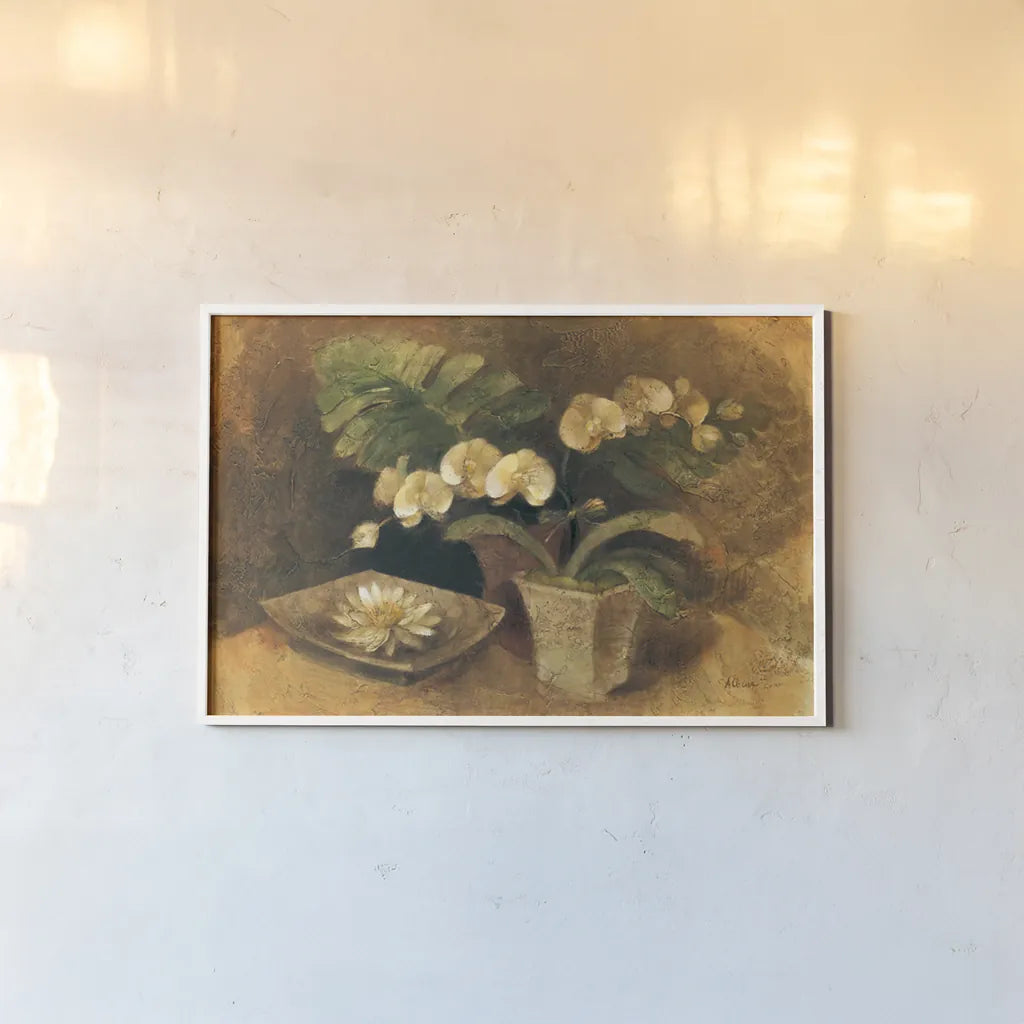 Meditative Orchids by Albena Hristova. shown as a paper print in a white frame. Available as a archival giclee rolled canvas, fine art paper, or poster print. SKU 4381i.