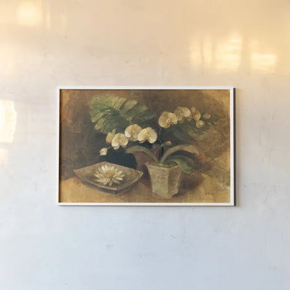 Meditative Orchids by Albena Hristova. shown as a paper print in a white frame. Available as a archival giclee rolled canvas, fine art paper, or poster print. SKU 4381i.