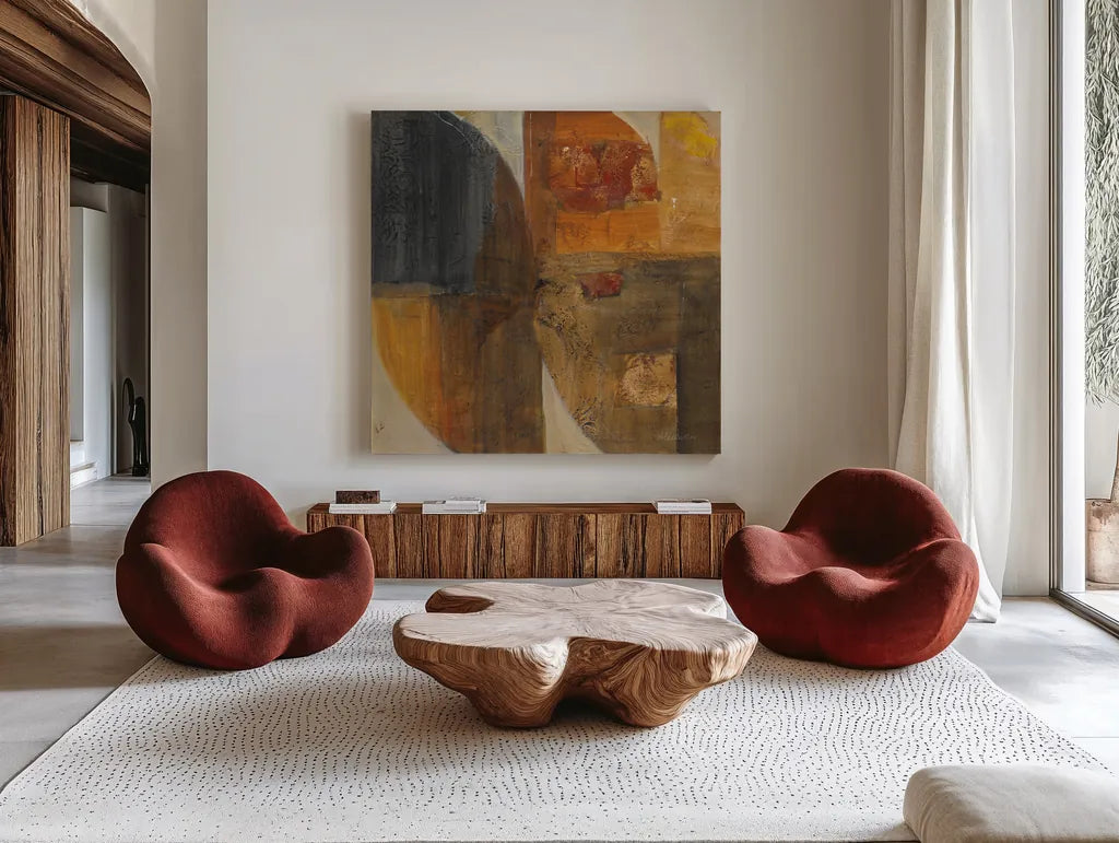 Meeting of Minds by Albena Hristova. Shown as extra-large giant wall art in a modern living room. Available as an archival giclee rolled canvas, fine art paper, or poster print. SKU 70621a.