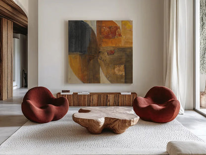 Meeting of Minds by Albena Hristova. Shown as extra-large giant wall art in a modern living room. Available as an archival giclee rolled canvas, fine art paper, or poster print. SKU 70621a.